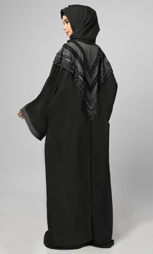 Nazneen Black Intricate Lace Detailing Kaftan Long Abaya - EastEssence.com