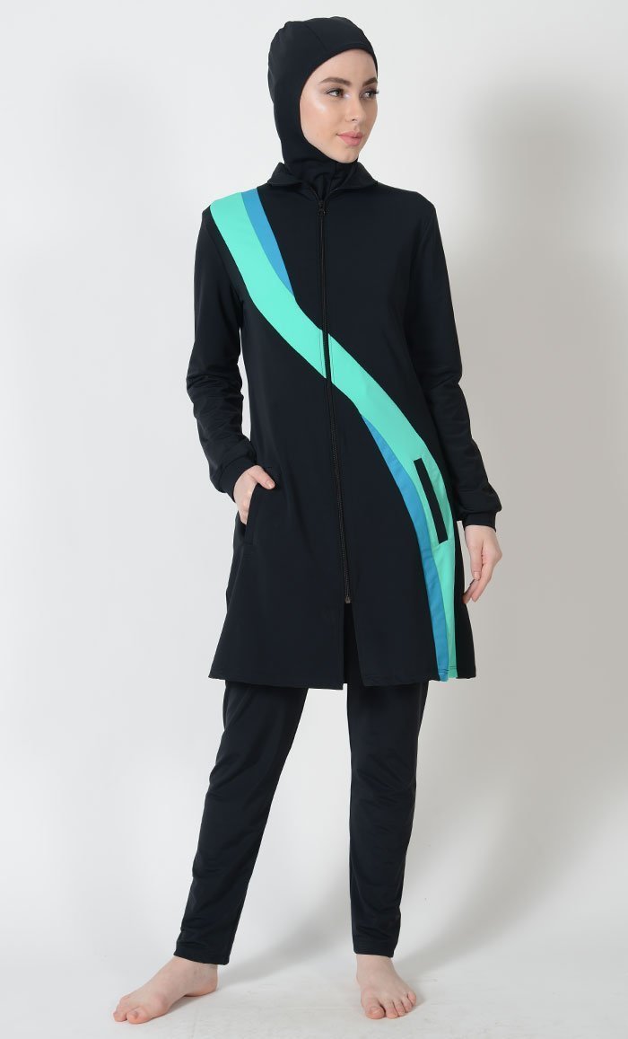 Neon Wavy Panel Detail Swimwear Burkini Three Piece Set-Final Sale - EastEssence.com