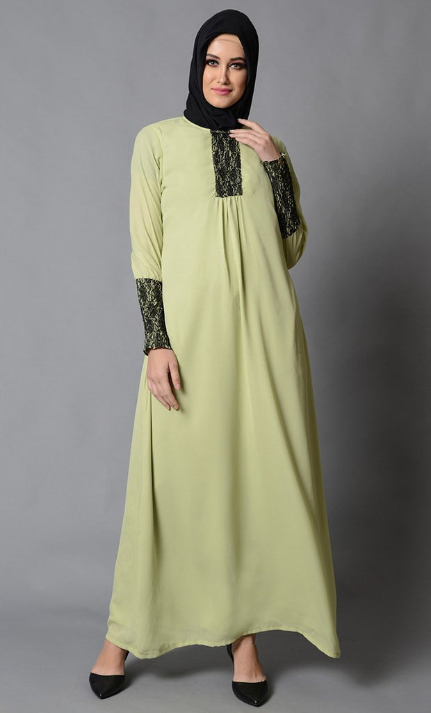 Net Lace Detail Beautiful A Line Abaya Dress - EastEssence.com