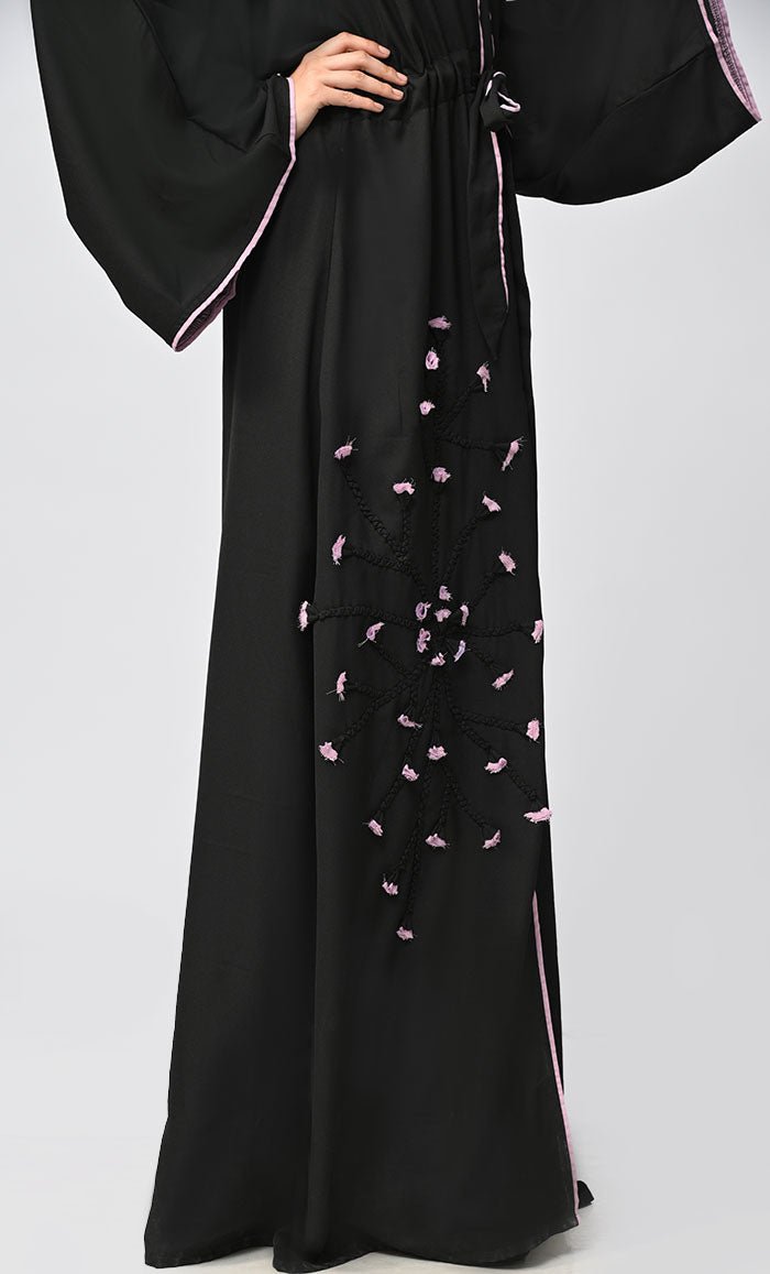 New Black Flower Braided Detailing Islamic Abaya With Matching Inner And Belt - EastEssence.com