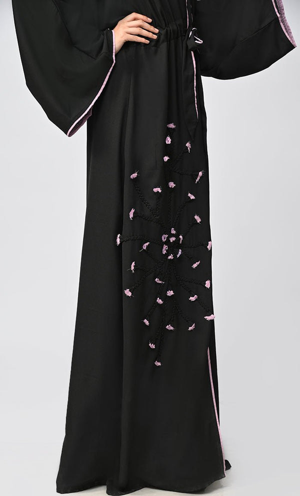 New Black Flower Braided Detailing Islamic Abaya With Matching Inner And Belt - EastEssence.com
