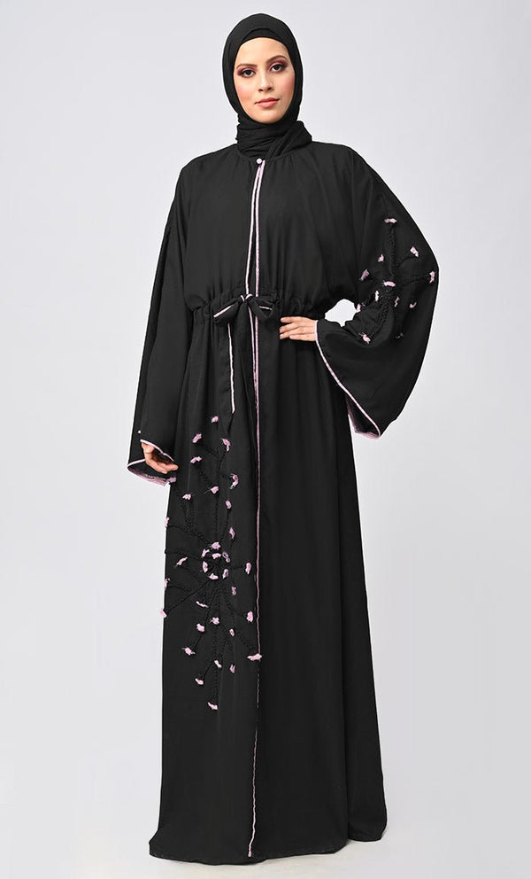 New Black Flower Braided Detailing Islamic Abaya With Matching Inner And Belt - EastEssence.com