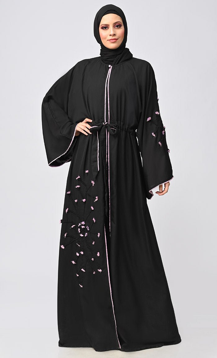 New Black Flower Braided Detailing Islamic Abaya With Matching Inner And Belt - EastEssence.com