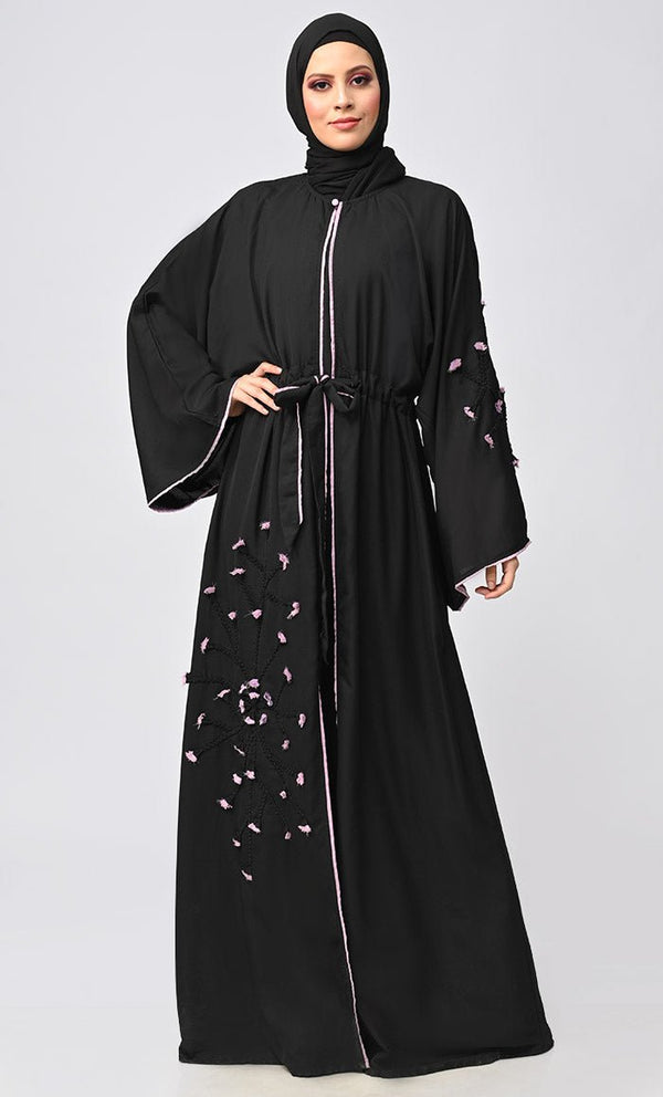 New Black Flower Braided Detailing Islamic Abaya With Matching Inner And Belt - EastEssence.com