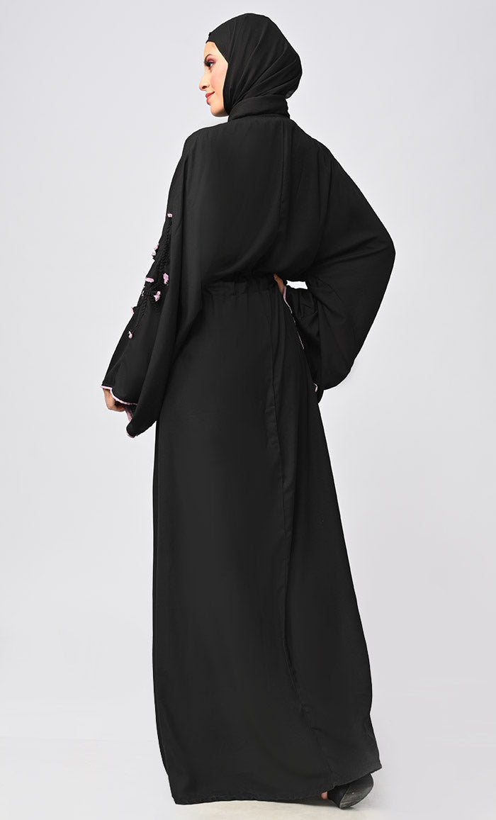 New Black Flower Braided Detailing Islamic Abaya With Matching Inner And Belt - EastEssence.com