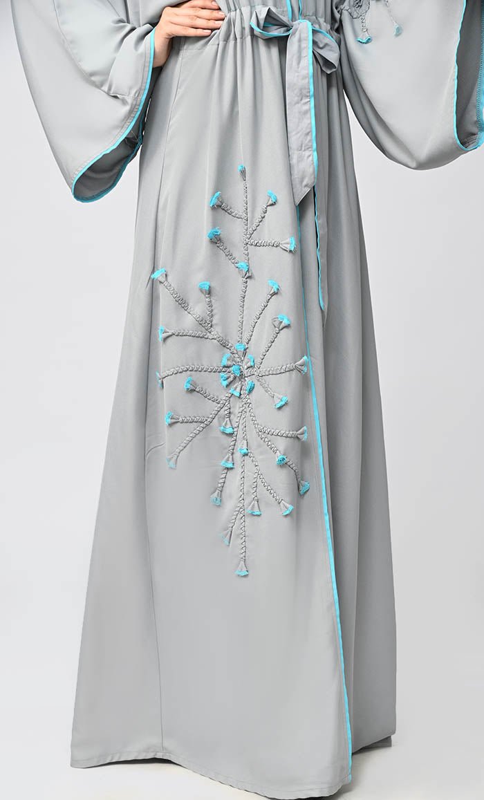 New Grey Flower Braided Detailing Islamic Abaya With Matching Inner And Belt - EastEssence.com