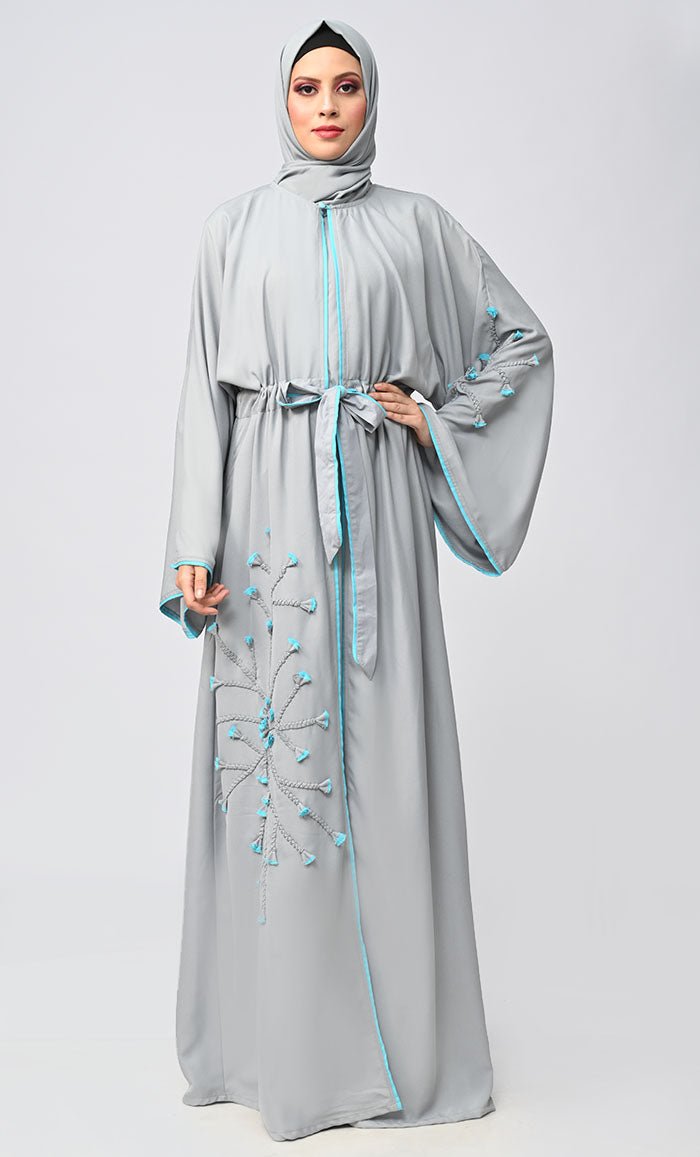 New Grey Flower Braided Detailing Islamic Abaya With Matching Inner And Belt - EastEssence.com
