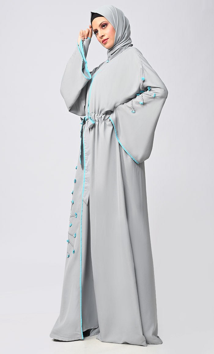 New Grey Flower Braided Detailing Islamic Abaya With Matching Inner And Belt - EastEssence.com