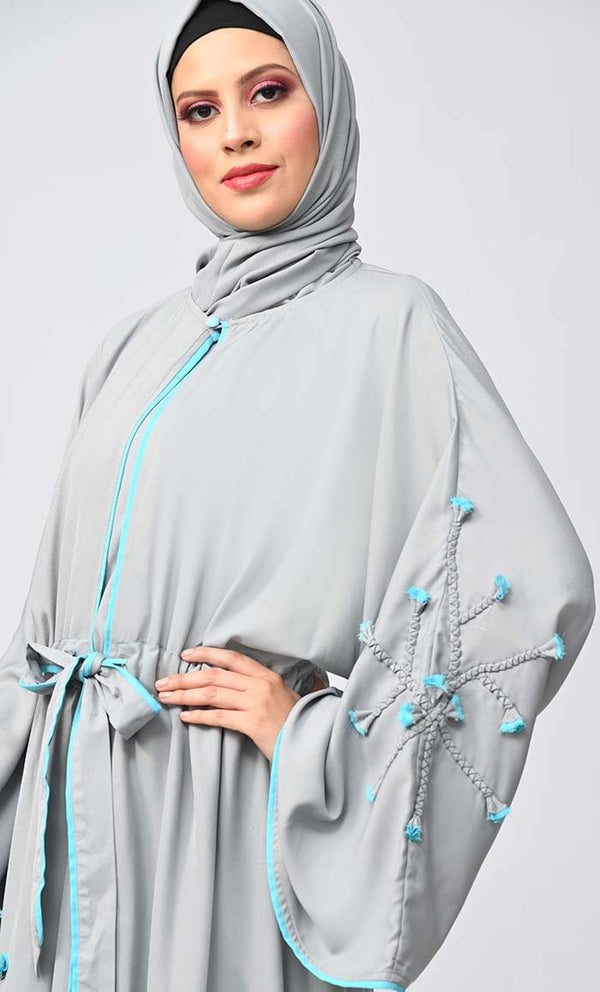 New Grey Flower Braided Detailing Islamic Abaya With Matching Inner And Belt - EastEssence.com