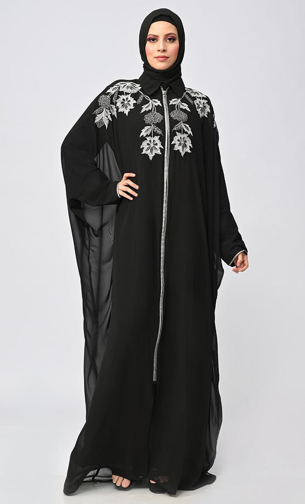 New Islamic Black Kaftan Style Abaya With Front Zipper - EastEssence.com