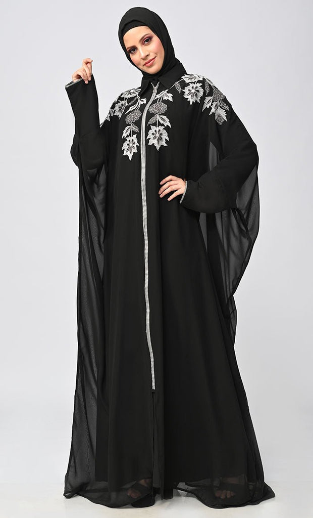 New Islamic Black Kaftan Style Abaya With Front Zipper - EastEssence.com