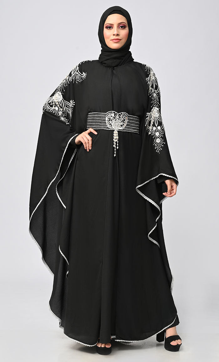 Muslim Butterfly Upper With Inner Peals Abaya Cum Kaftan Black