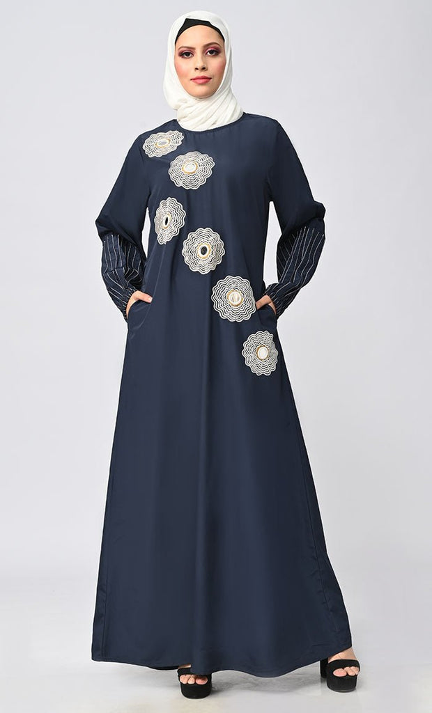 New Islamic Pin Tucks And Mirror Detailing Abaya With Pockets - EastEssence.com