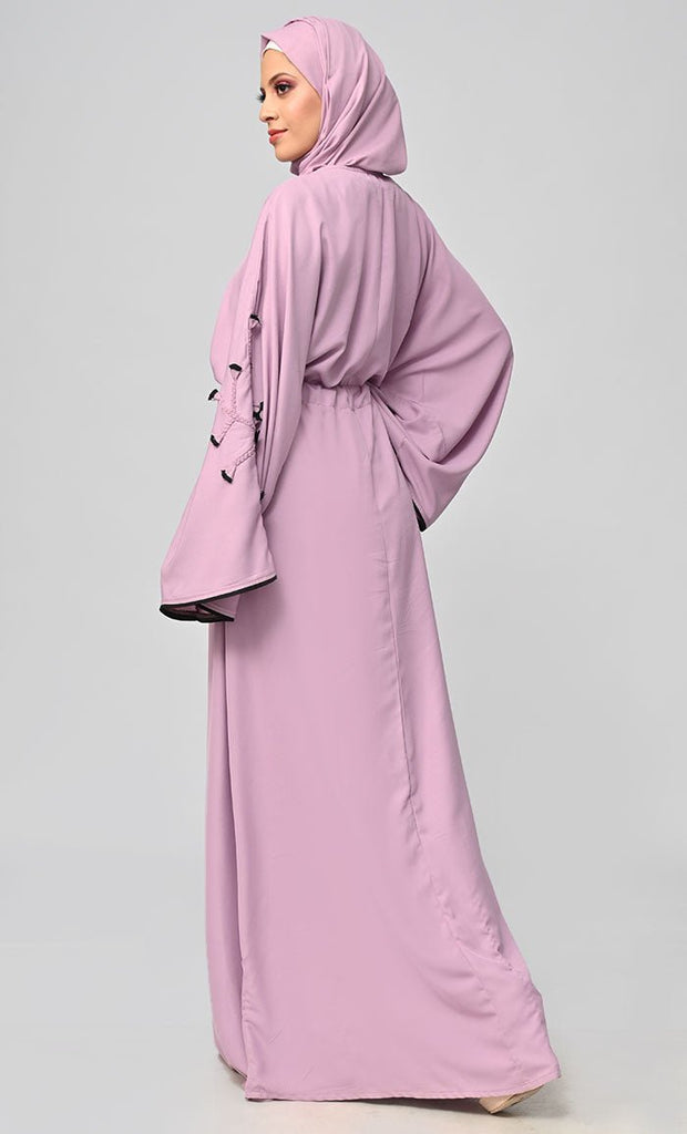 New Lavender Flower Braided Detailing Islamic Abaya With Matching Inner And Belt - EastEssence.com