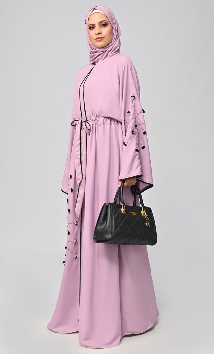 New Lavender Flower Braided Detailing Islamic Abaya With Matching Inner And Belt - EastEssence.com