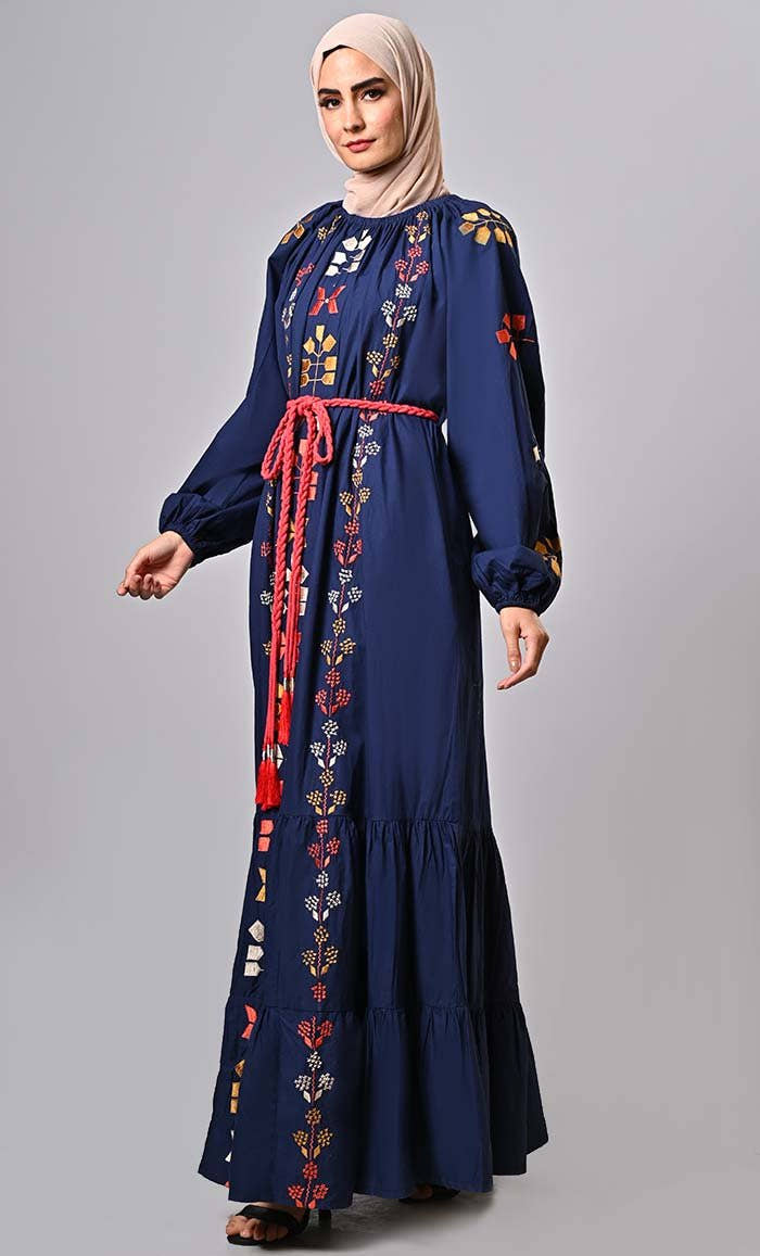 New Navy Bohemian Machine Embroidered Heavy Abaya