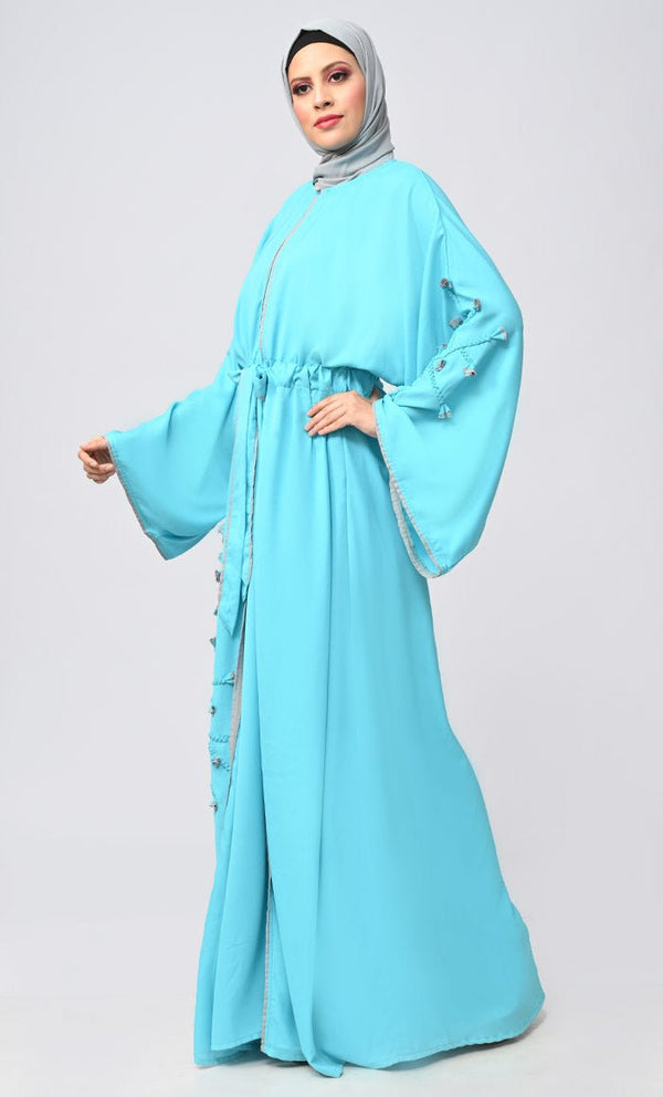 New Turquoise Flower Braided Detailing Islamic Abaya With Matching Inner And Belt - EastEssence.com