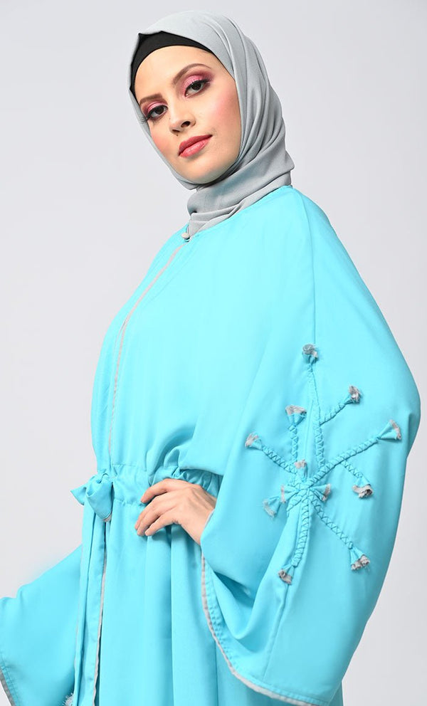 New Turquoise Flower Braided Detailing Islamic Abaya With Matching Inner And Belt - EastEssence.com