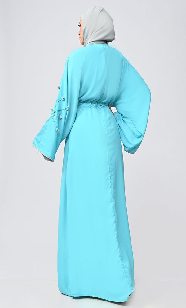 New Turquoise Flower Braided Detailing Islamic Abaya With Matching Inner And Belt - EastEssence.com