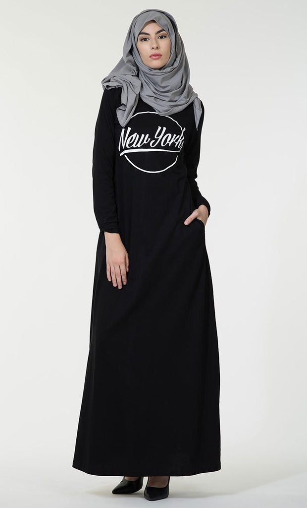New York text baisc everyday wear Abaya dress - EastEssence.com