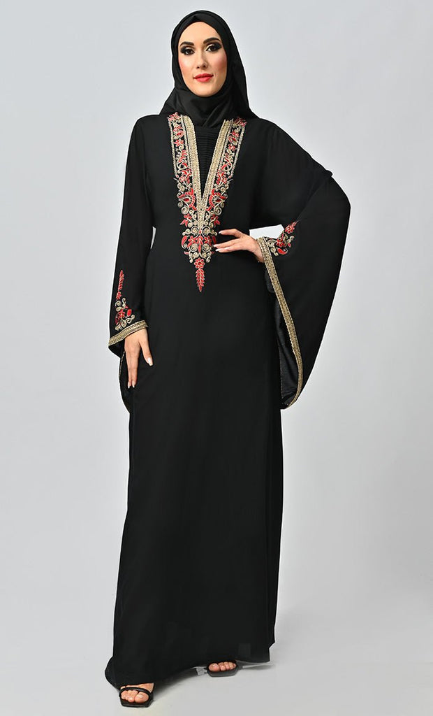 Noor Islamic Golden Red Embroidered Abaya - EastEssence.com