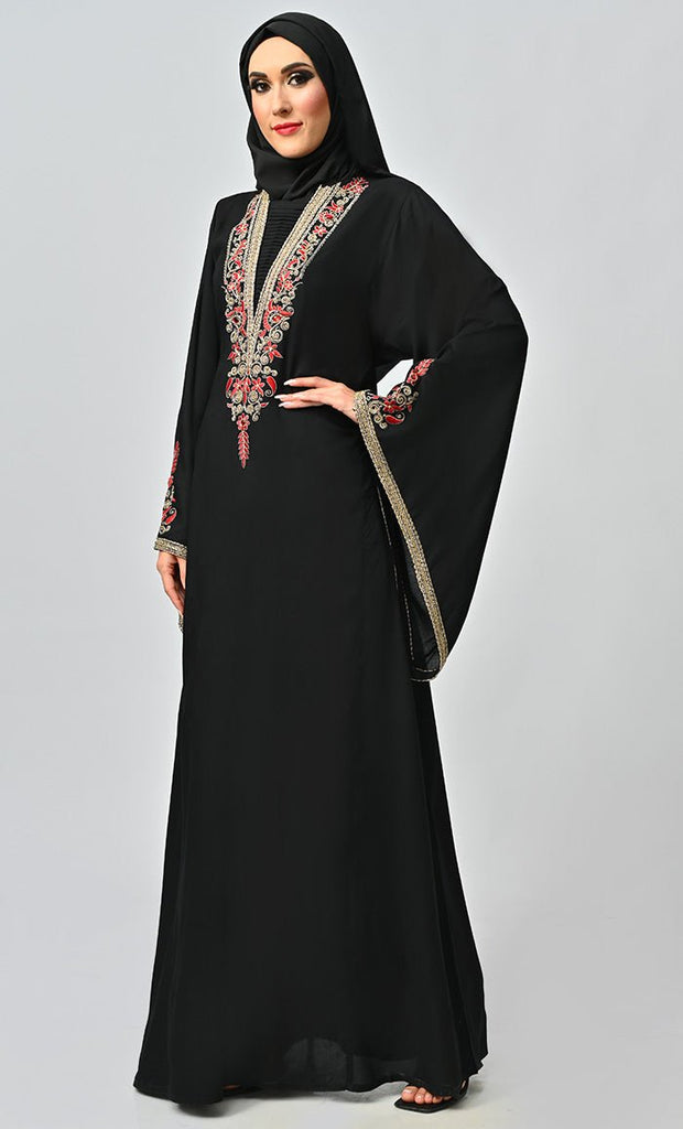 Noor Islamic Golden Red Embroidered Abaya