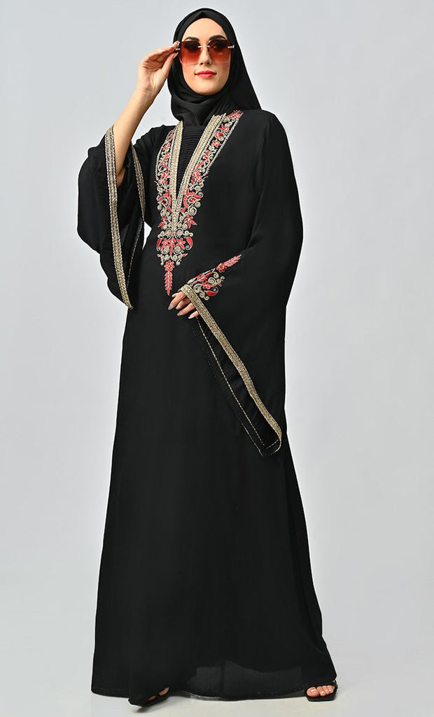 Noor Islamic Golden Red Embroidered Abaya