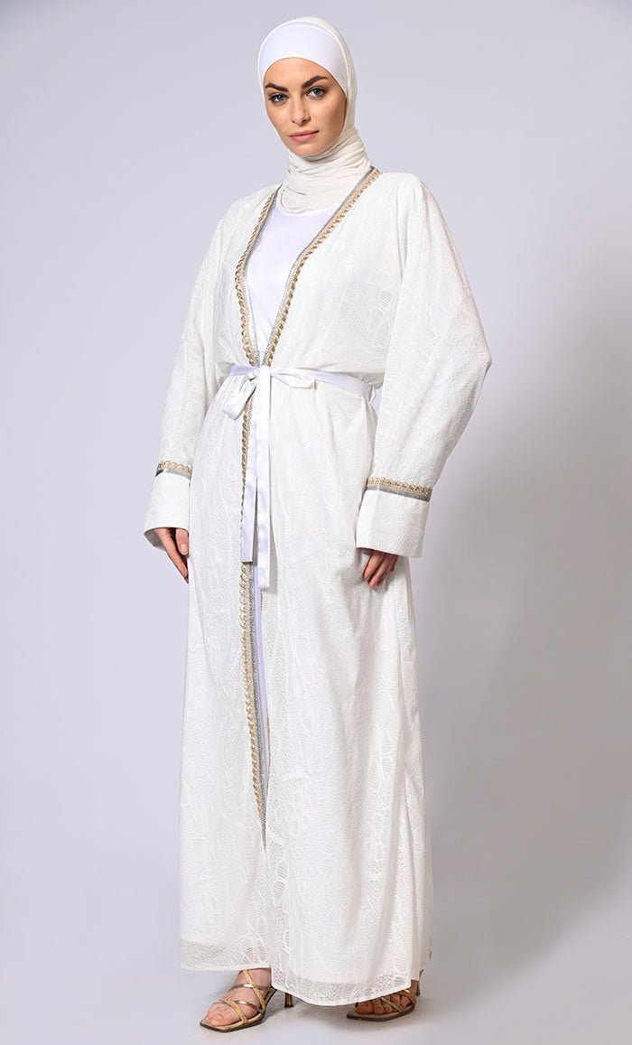 Opulent Charm: White Korean Net Shrug with Fancy Lace Detailing and Belt - EastEssence.com