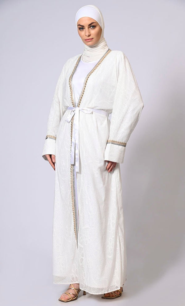 Opulent Charm: White Korean Net Shrug with Fancy Lace Detailing and Belt - EastEssence.com