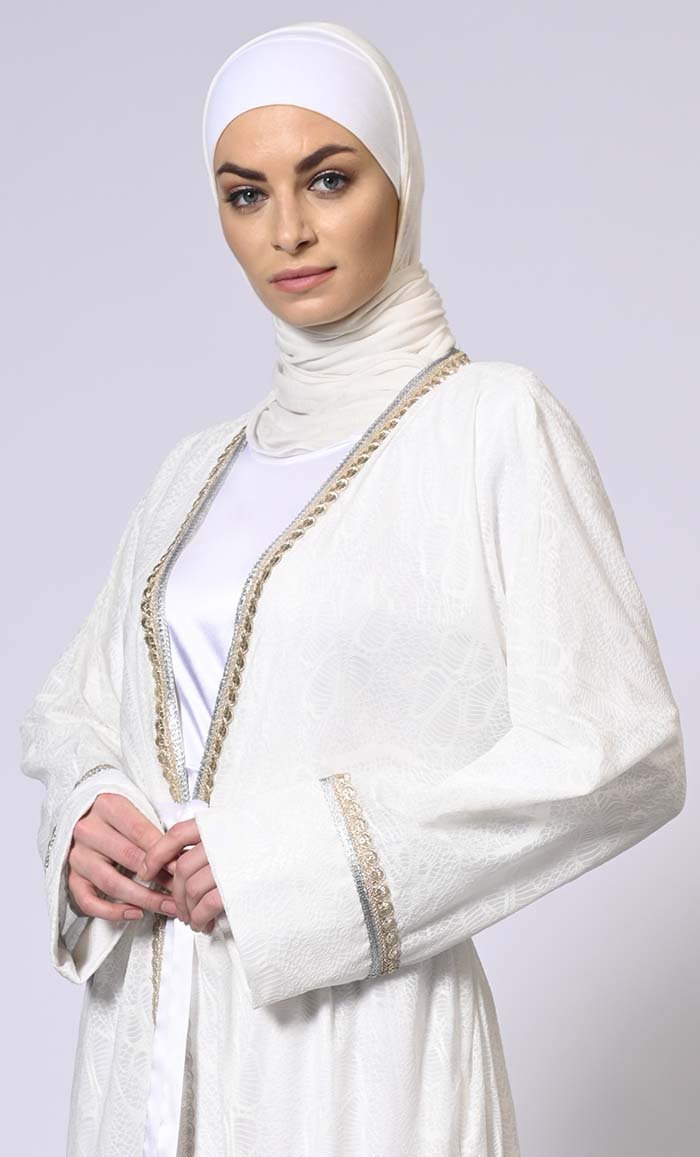 Opulent Charm: White Korean Net Shrug with Fancy Lace Detailing and Belt - EastEssence.com