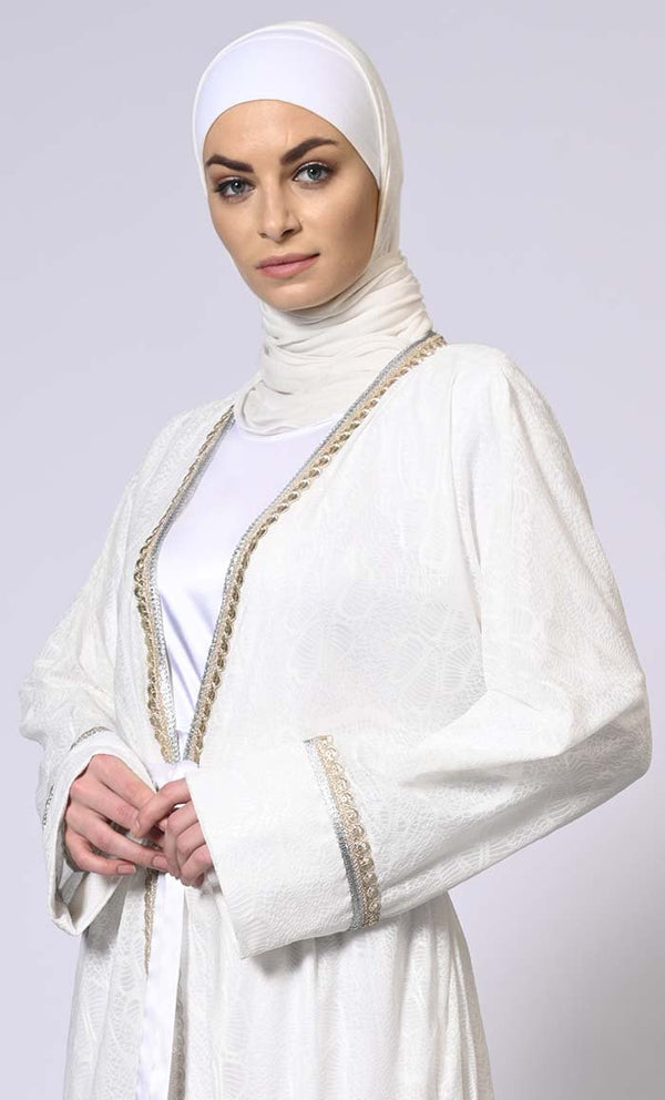 Opulent Charm: White Korean Net Shrug with Fancy Lace Detailing and Belt - EastEssence.com