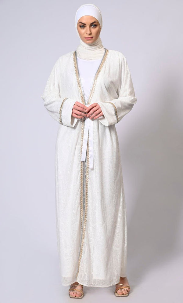 Opulent Charm: White Korean Net Shrug with Fancy Lace Detailing and Belt - EastEssence.com