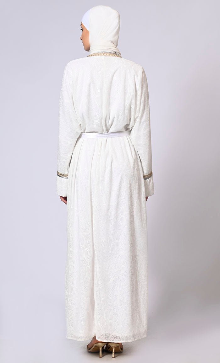 Opulent Charm: White Korean Net Shrug with Fancy Lace Detailing and Belt - EastEssence.com