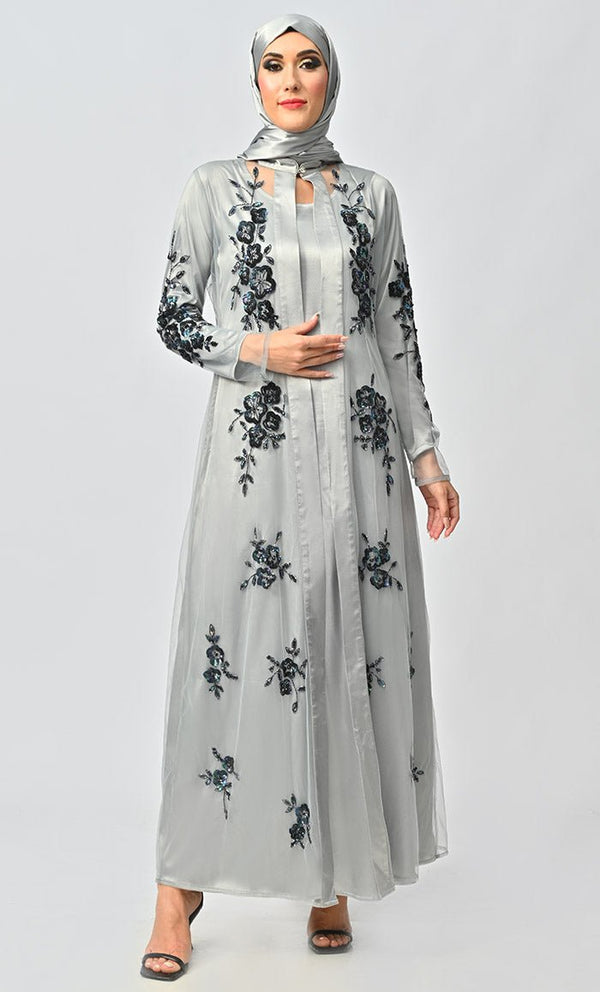 Ornate All Over Hand Embellished Royal Abaya Dress With Matching Hijab - EastEssence.com