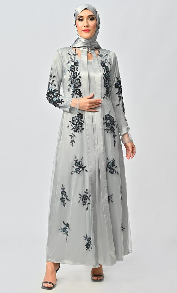 Ornate All Over Hand Embellished Royal Abaya Dress With Matching Hijab - EastEssence.com