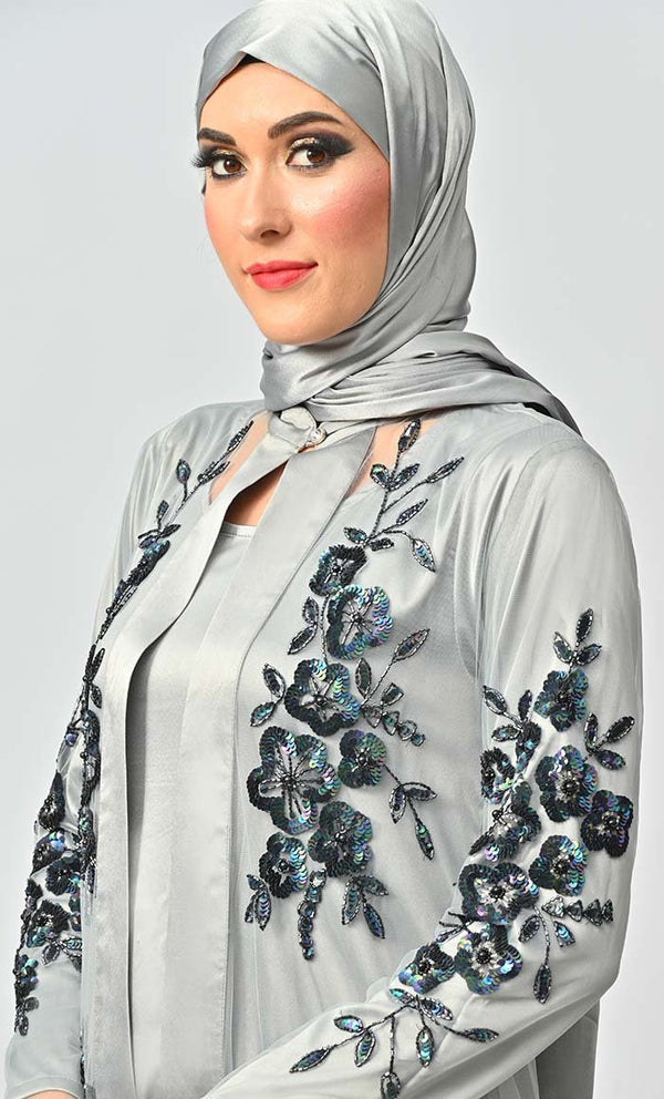 Ornate All Over Hand Embellished Royal Abaya Dress With Matching Hijab - EastEssence.com