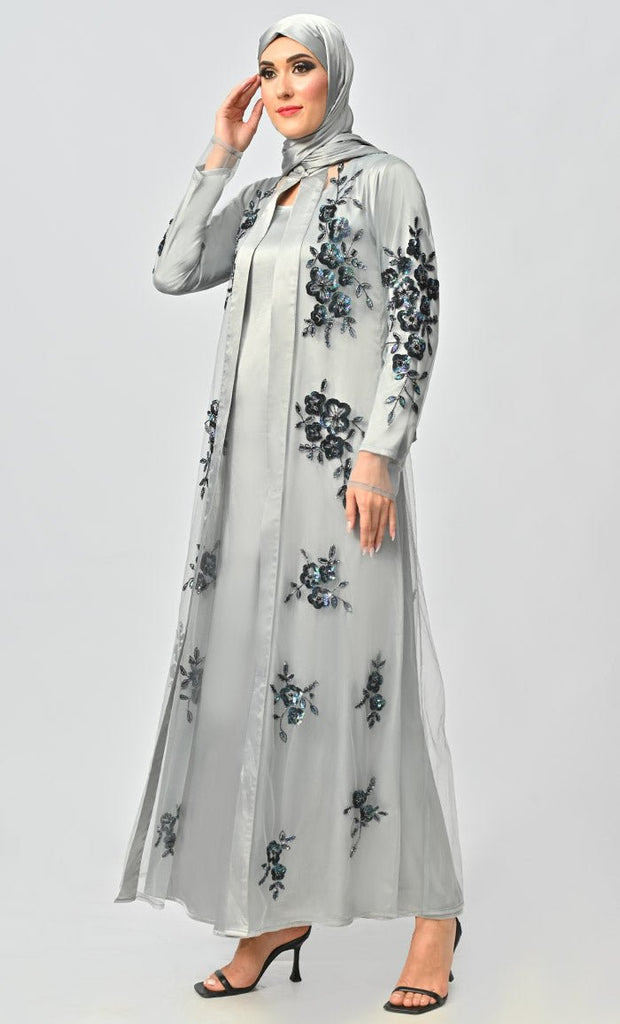 Ornate All Over Hand Embellished Royal Abaya Dress With Matching Hijab - EastEssence.com