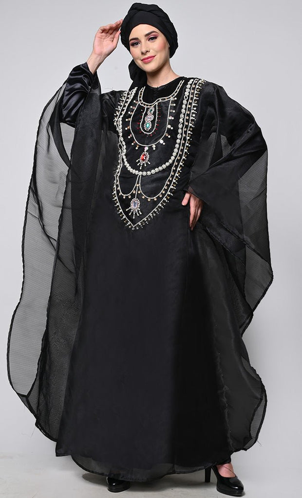 Ornated Full Heavy Hand Work Black Kaftan Style Abaya - EastEssence.com