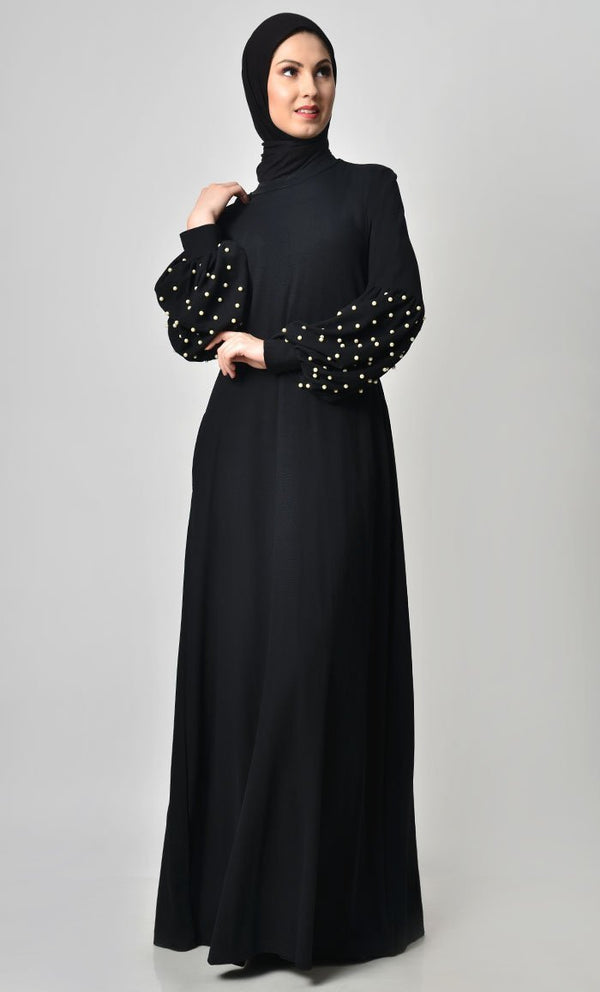Pearl Caught Style Abaya - Black - EastEssence.com