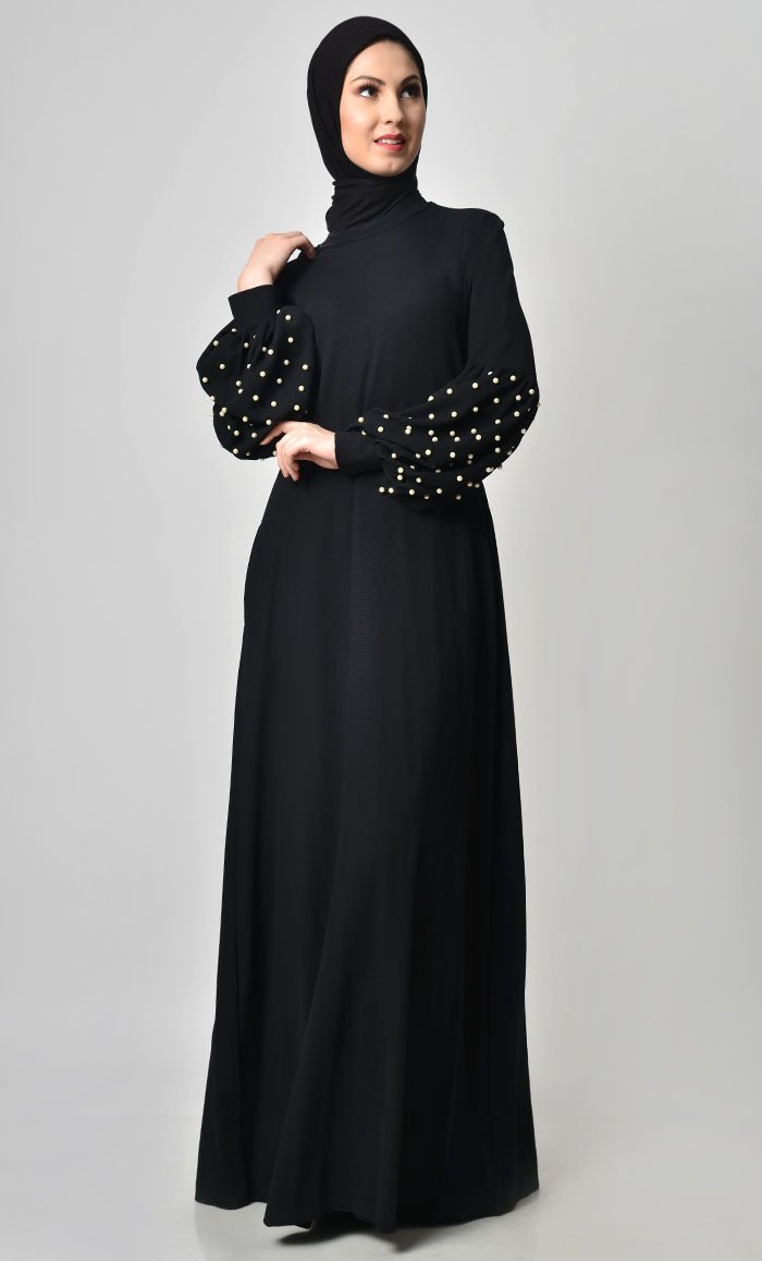 Pearl Caught Style Abaya - Black - EastEssence.com