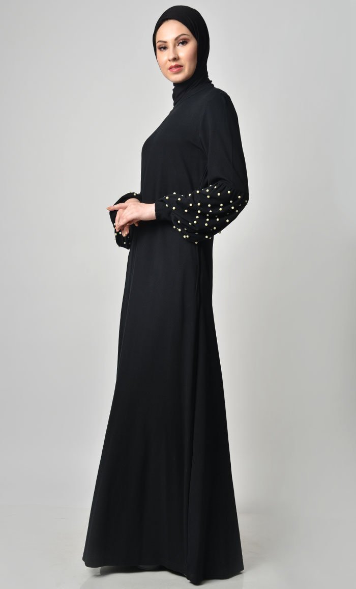 Pearl Caught Style Abaya - Black - EastEssence.com