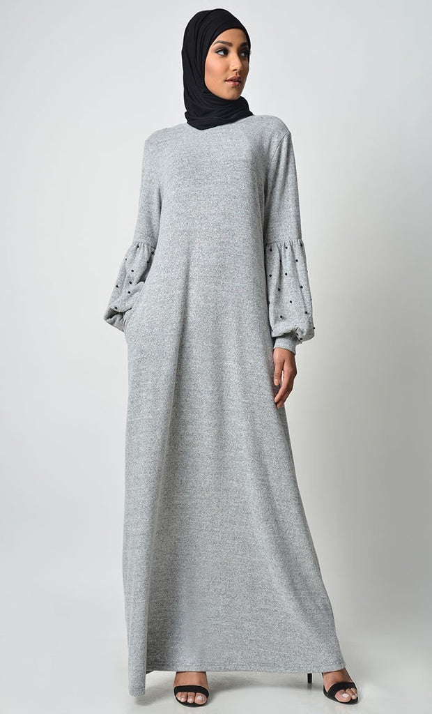 Pearl Caught Style Abaya - Grey - EastEssence.com