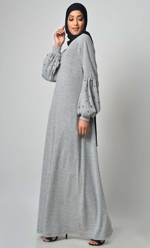 Pearl Caught Style Abaya - Grey - EastEssence.com