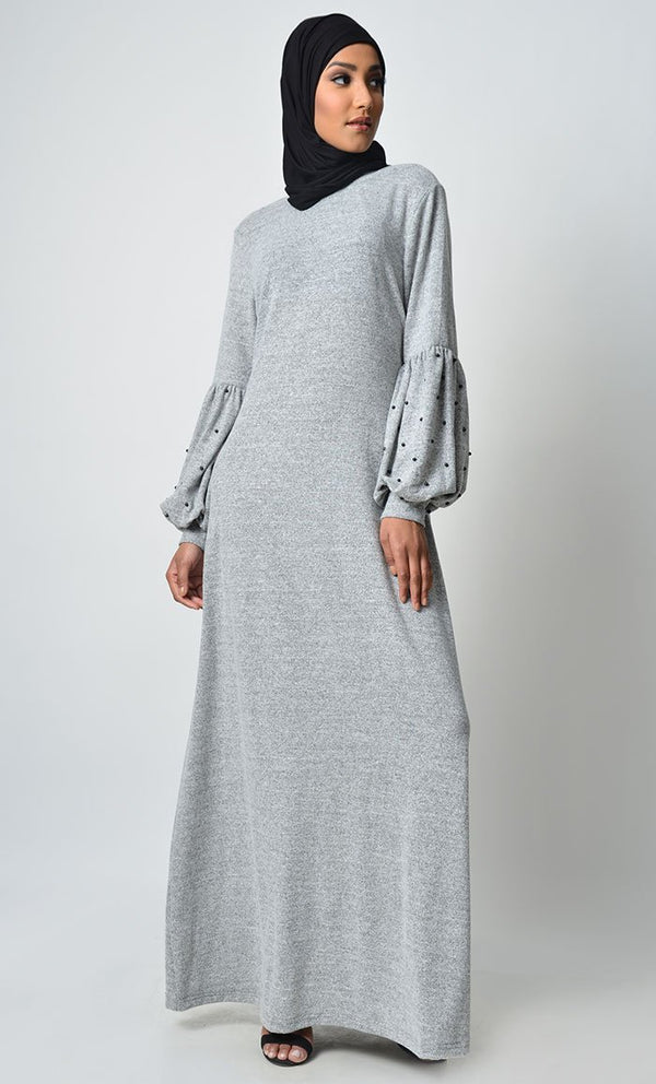 Pearl Caught Style Abaya - Grey - EastEssence.com