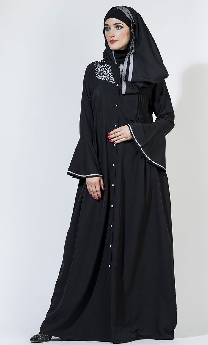 Pearl Crystal Front Open Abaya/ Jilbab- Black - EastEssence.com