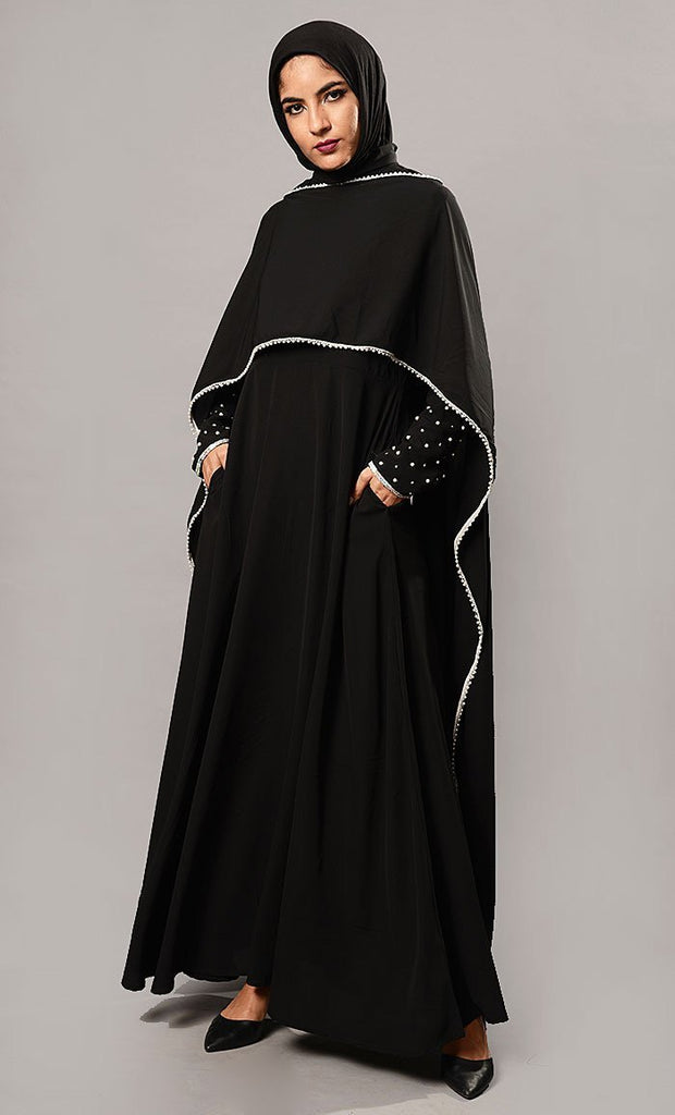 Pearl Embroidered Cape Style Abaya Dress - EastEssence.com