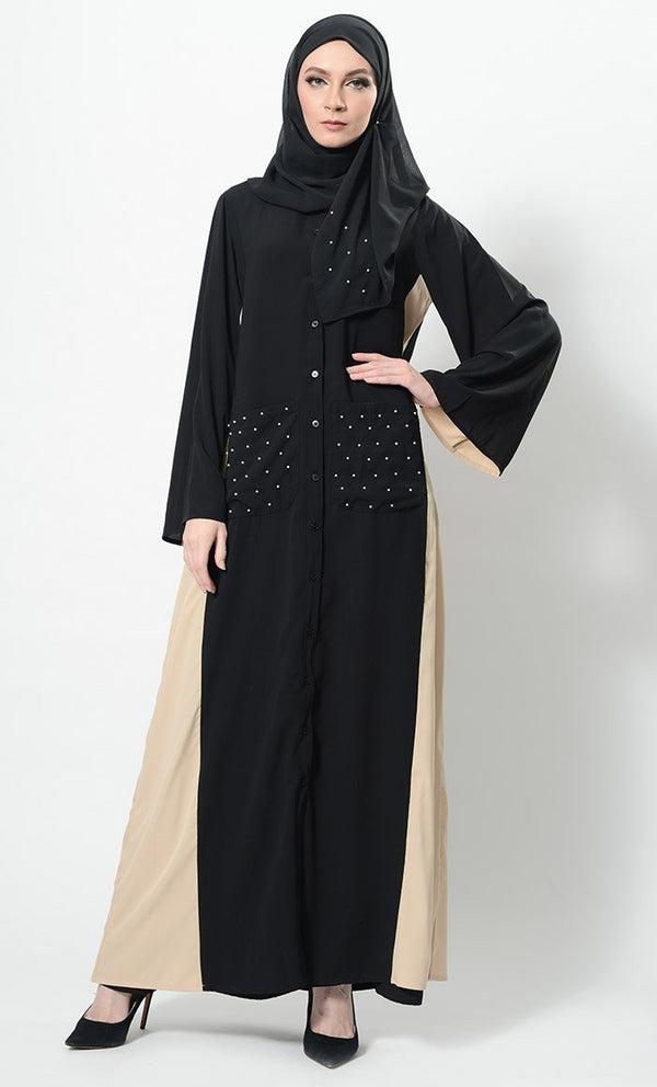 Pearls Embroidered Contrast Panel Abaya Dress And Hijab Set - EastEssence.com