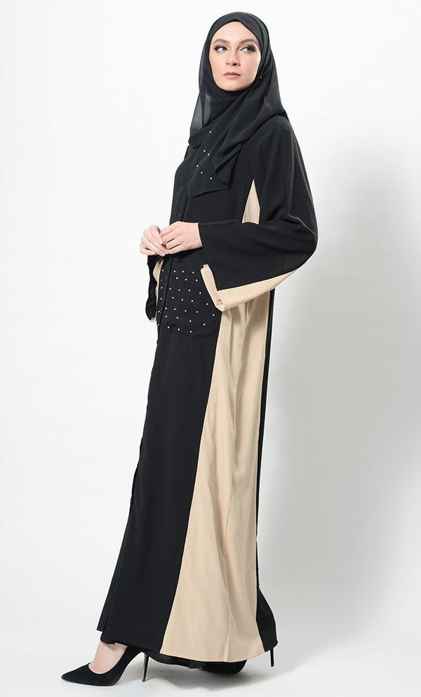 Pearls Embroidered Contrast Panel Abaya Dress And Hijab Set - EastEssence.com