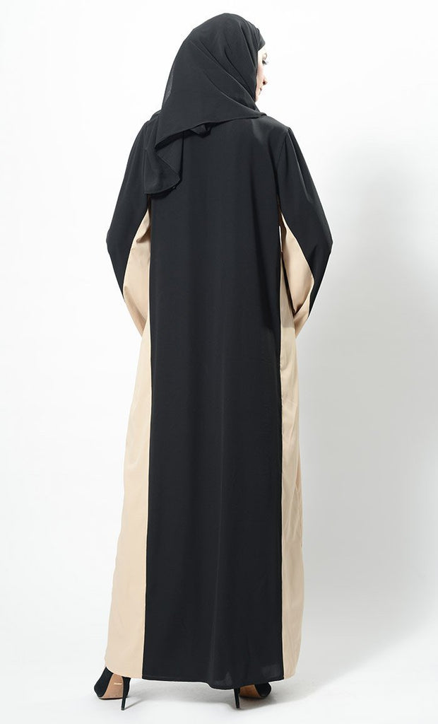 Pearls Embroidered Contrast Panel Abaya Dress And Hijab Set - EastEssence.com