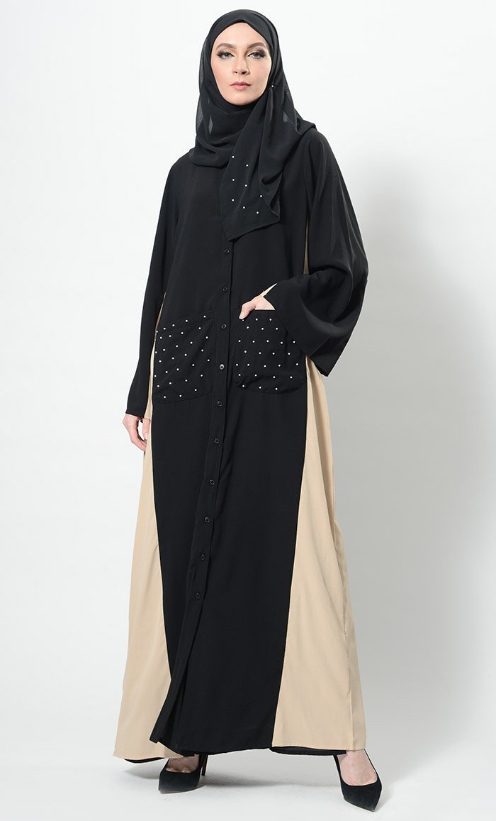 Pearls Embroidered Contrast Panel Abaya Dress And Hijab Set - EastEssence.com